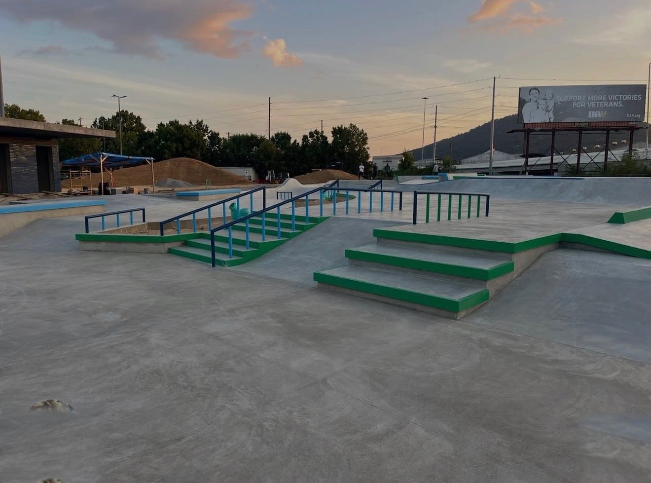 Green stairs and handrails at the new Chattanooga skatepark